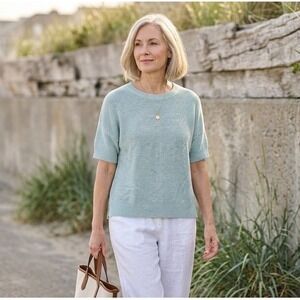 Eileen Fisher Organic Cotton Shaker Knit Short Sleeve Sweater XL Aqua Flame AFE